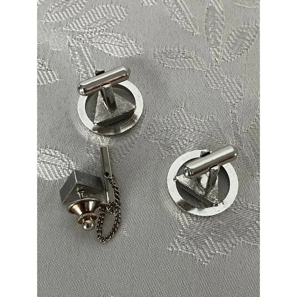 Vintage MCM Tie Clasp & Cufflink Set Blue Faceted Stones Silver Tone Geometric